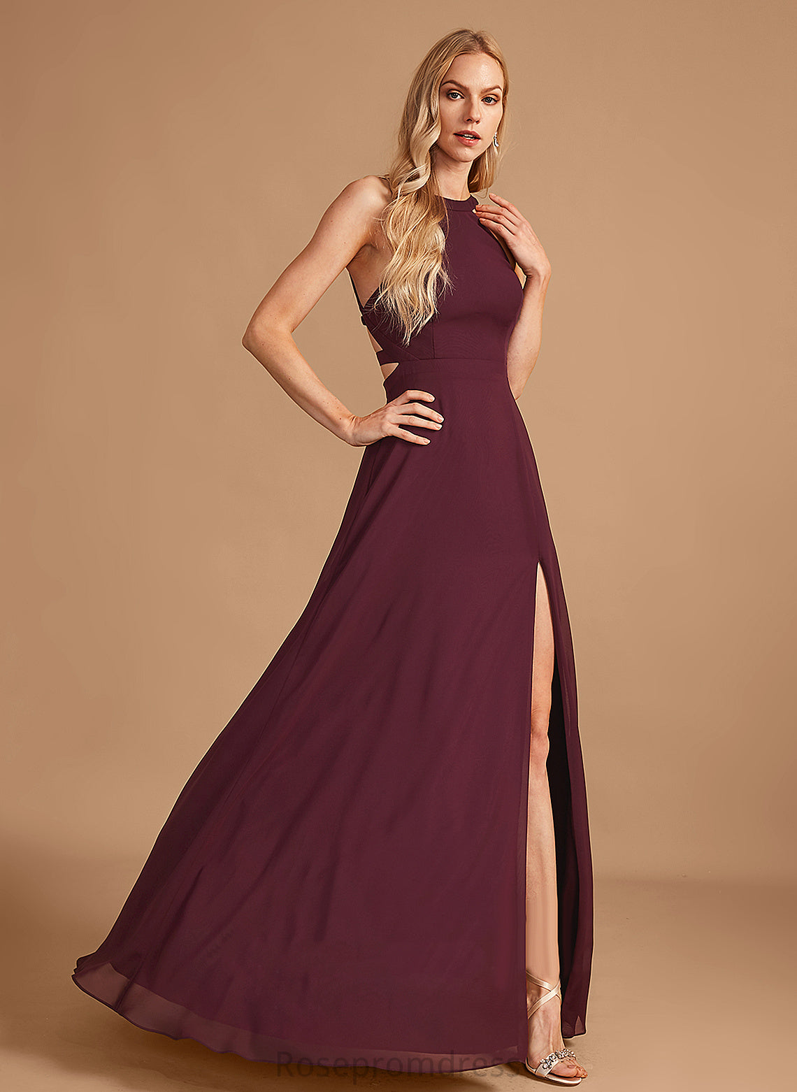 Silhouette Floor-Length HighNeck Length Fabric SplitFront Embellishment Neckline A-Line Lyric Natural Waist Floor Length Bridesmaid Dresses