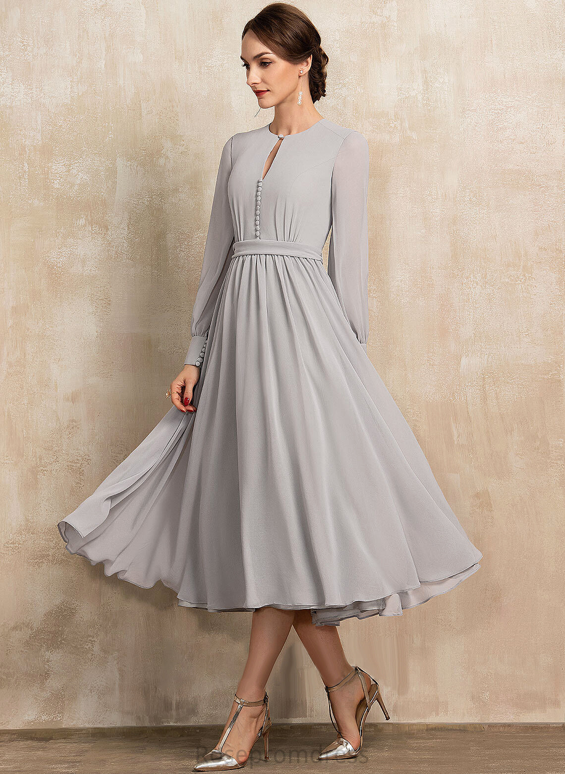 Neck Chiffon Tea-Length Dress Bow(s) A-Line Julie of Scoop the Mother of the Bride Dresses With Bride Mother