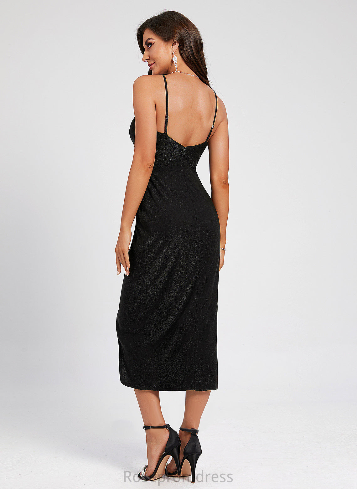 V-neck Polyester Sheath/Column Front Dress Split Tea-Length Cocktail Dresses Madilynn With Cocktail