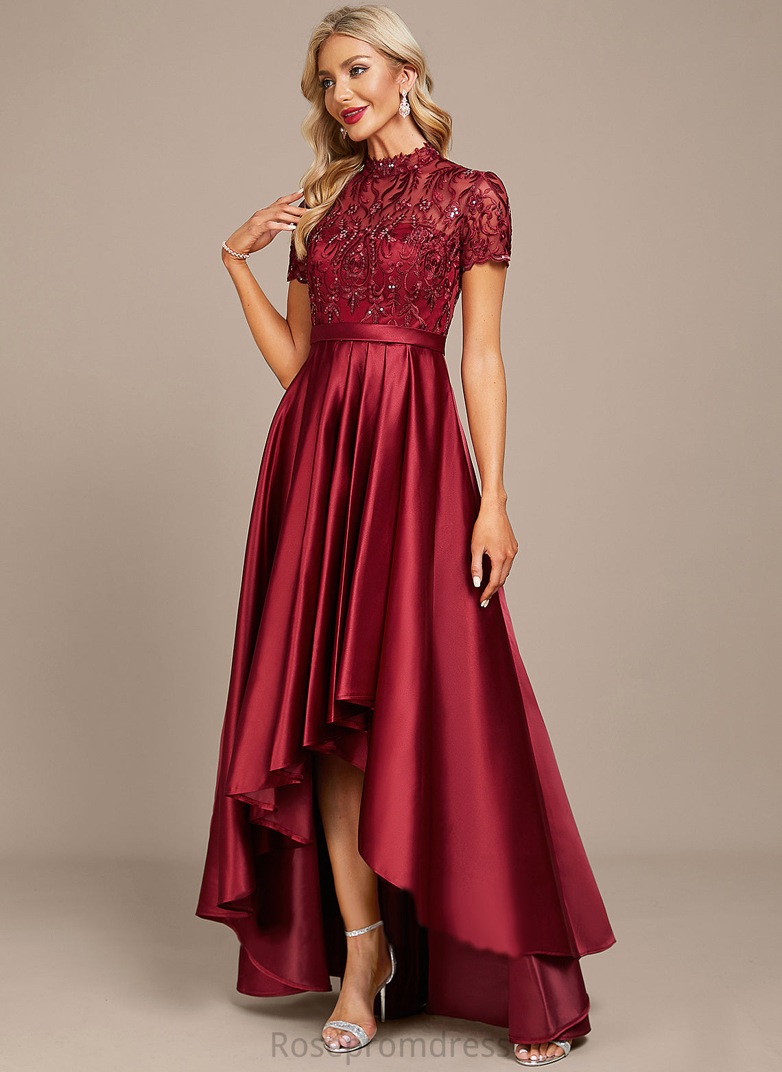 Dress Ruffle Asymmetrical High With Neck Lace A-Line Glenda Sequins Satin Cocktail Cocktail Dresses