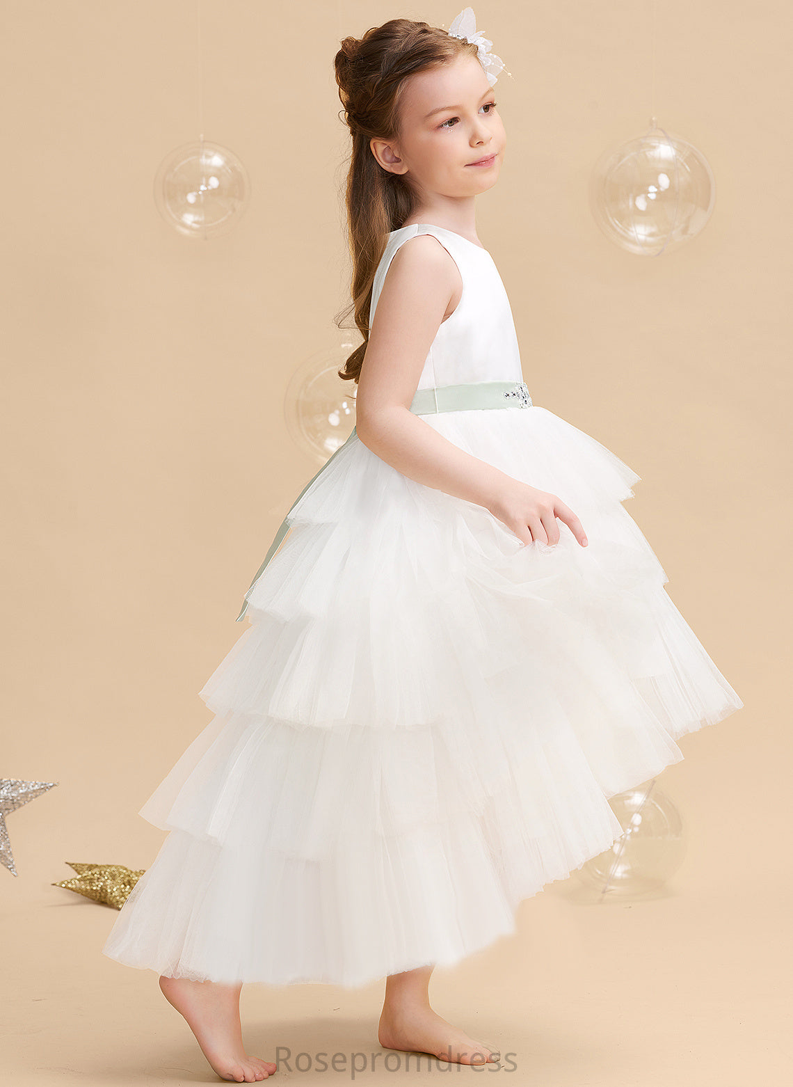 Flower Girl Dresses sash) Valentina Tulle Neck Asymmetrical Dress Scoop Sleeveless Flower With Ball-Gown/Princess (Detachable Sash/Beading Girl -