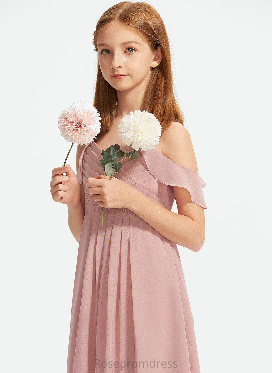 Junior Bridesmaid Dresses A-Line With Off-the-Shoulder Cascading Karen Ruffles Floor-Length Chiffon