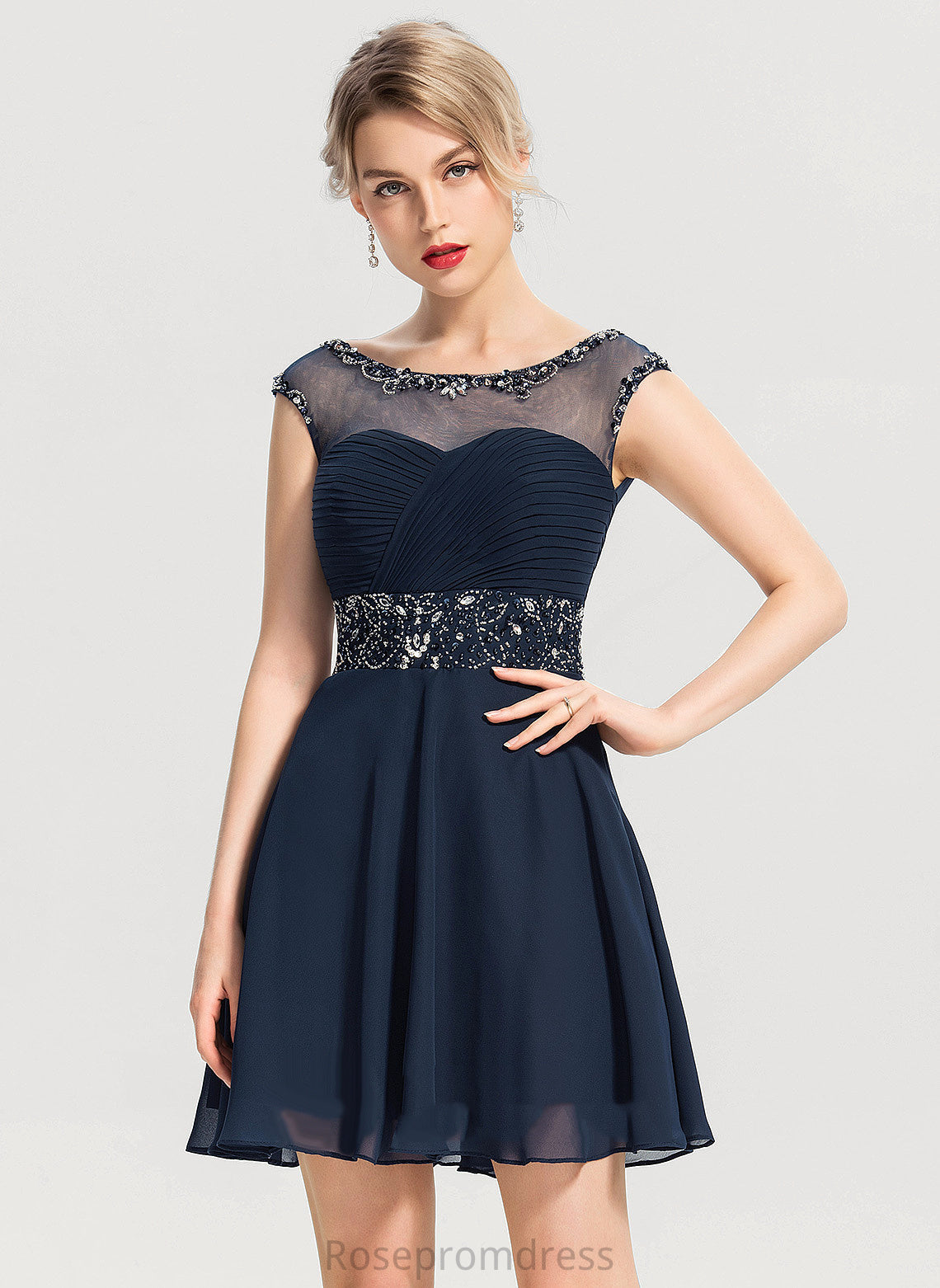 Hilary Neck A-Line Dress Short/Mini Scoop Homecoming Dresses Beading Sequins With Chiffon Homecoming