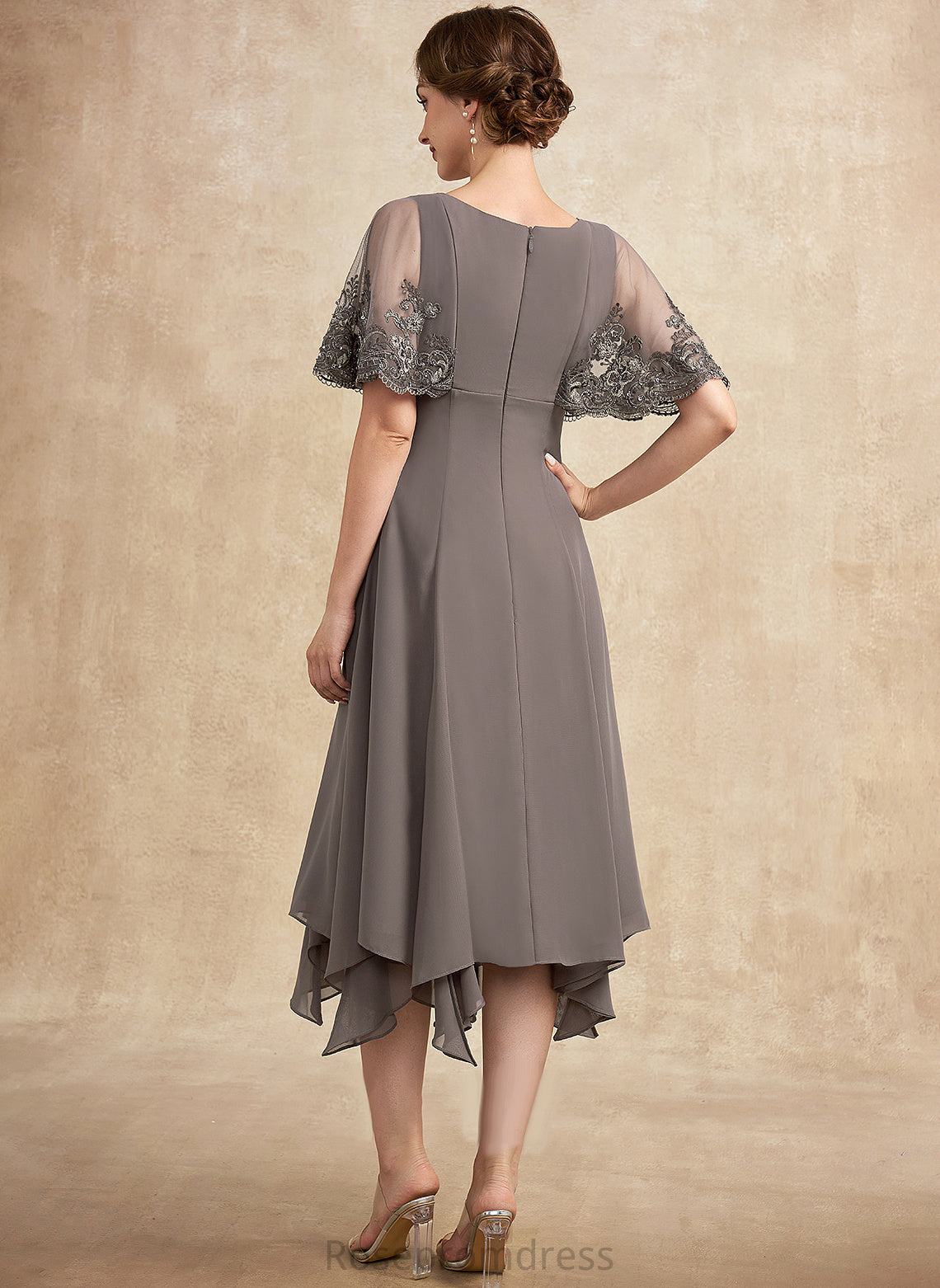 Mother Bride With the Dress Lace Sequins Alicia of Tea-Length V-neck Beading A-Line Chiffon Mother of the Bride Dresses