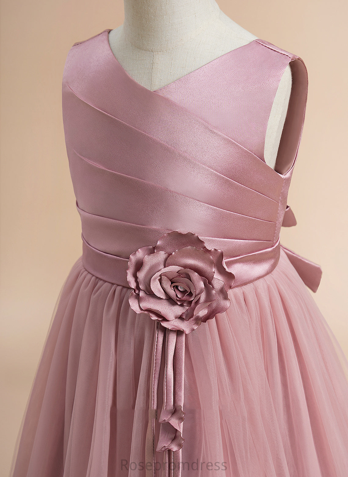 Knee-length V-neck Flower - Clare Satin/Tulle Dress With Sleeveless Back Flower Girl Dresses Lace/Flower(s)/Bow(s)/Pleated/V A-Line Girl