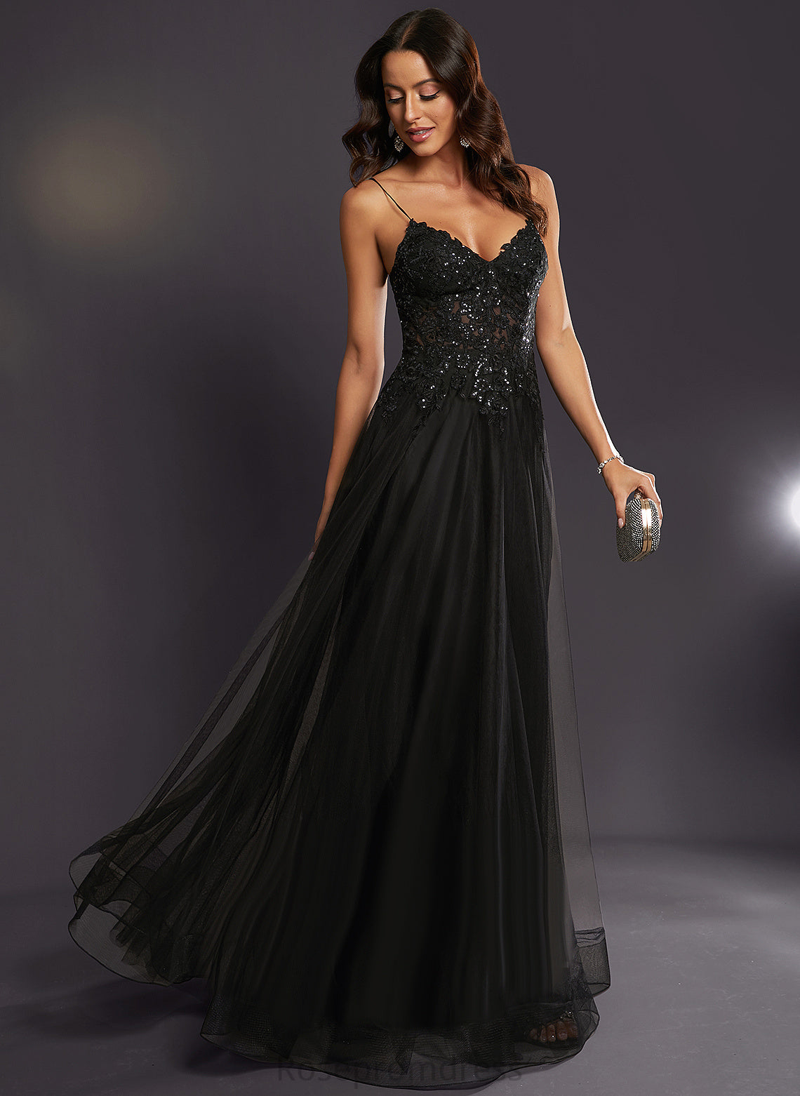 Jasmin Floor-Length Prom Dresses A-Line Tulle V-neck