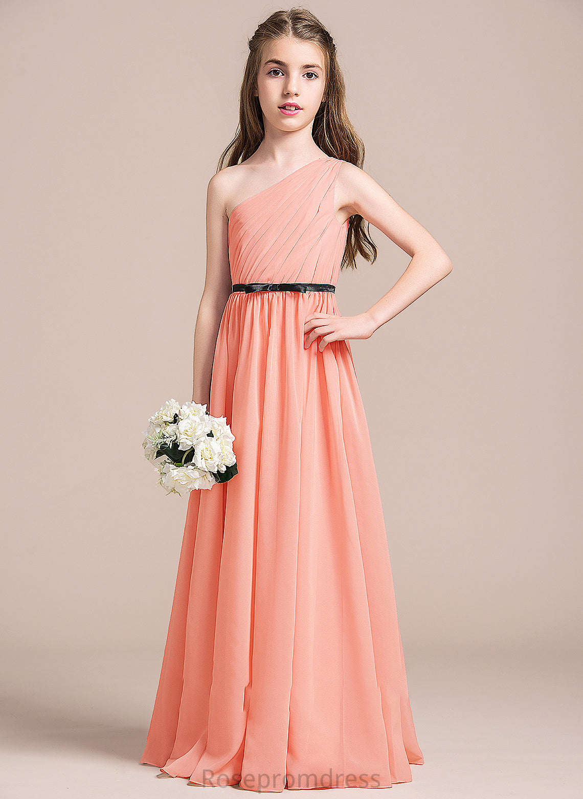 A-Line Junior Bridesmaid Dresses Ruffle Asia One-Shoulder Chiffon Floor-Length With Bow(s)