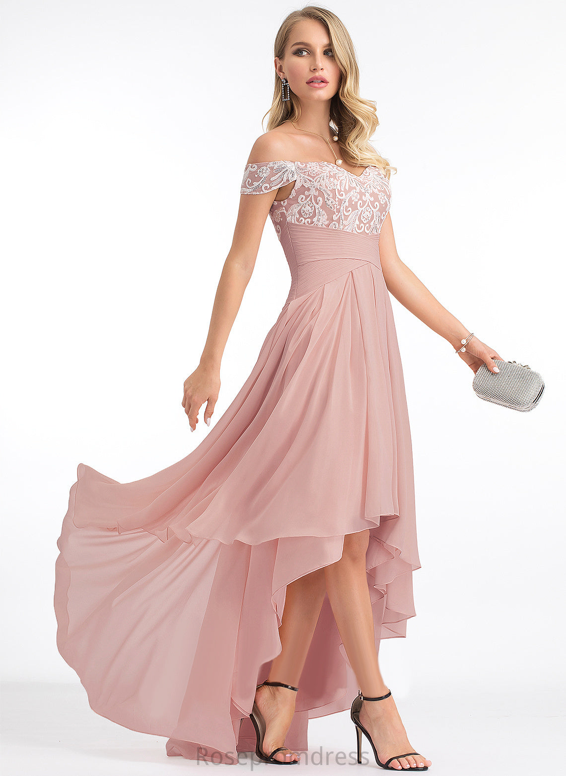 Asymmetrical Lace Prom Dresses Chiffon A-Line Pleated Lucy With Off-the-Shoulder