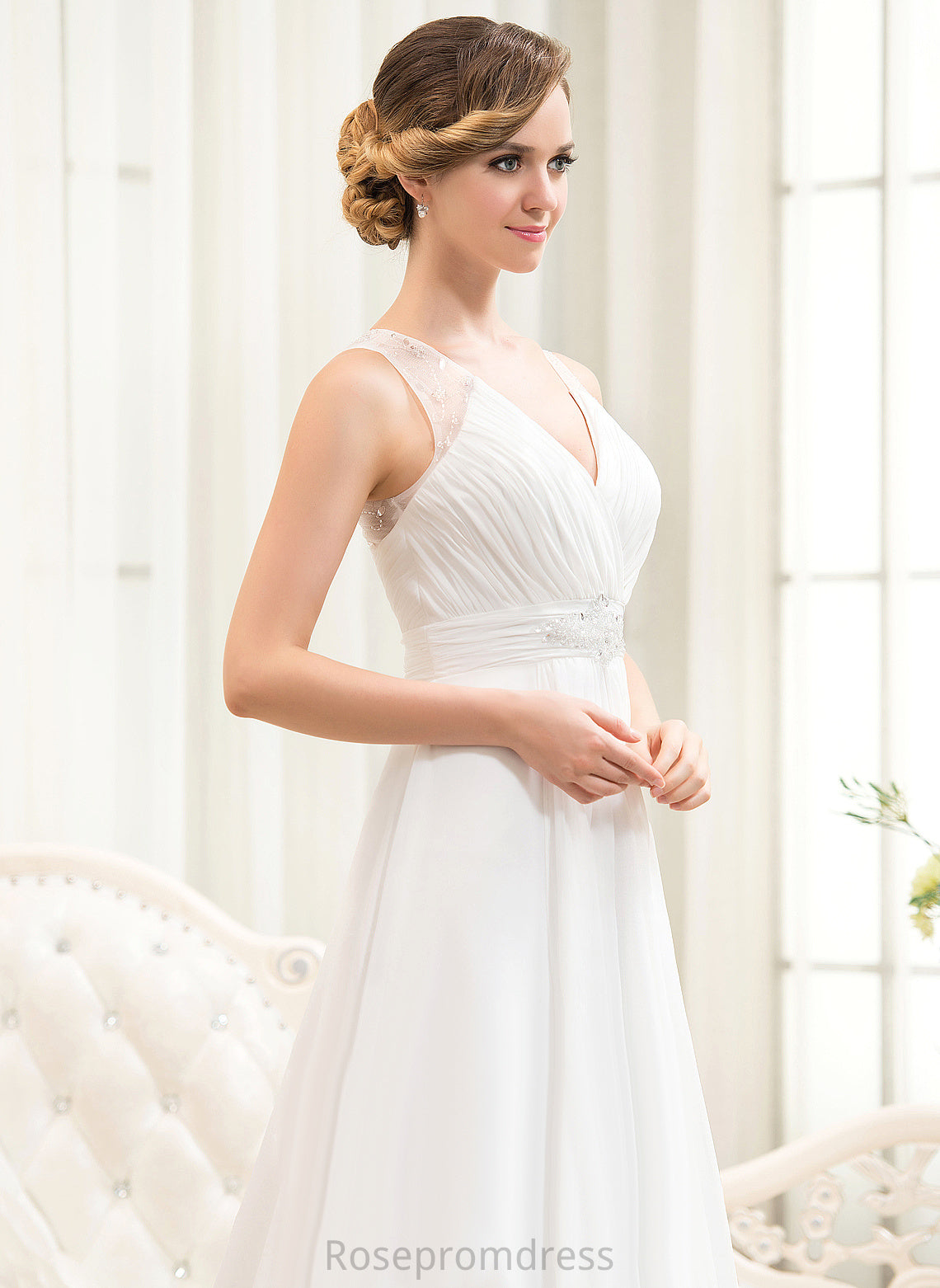 Cascading Perla Wedding Dresses Train Beading Chiffon V-neck Ruffles Sweep Tulle A-Line Wedding With Sequins Dress