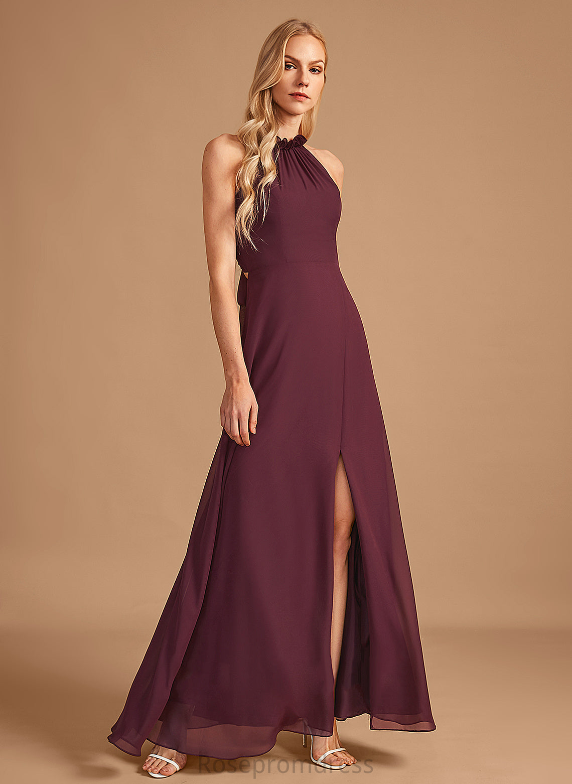 A-Line Length HighNeck Fabric SplitFront Neckline Silhouette Embellishment Floor-Length Selah Natural Waist Sleeveless Bridesmaid Dresses