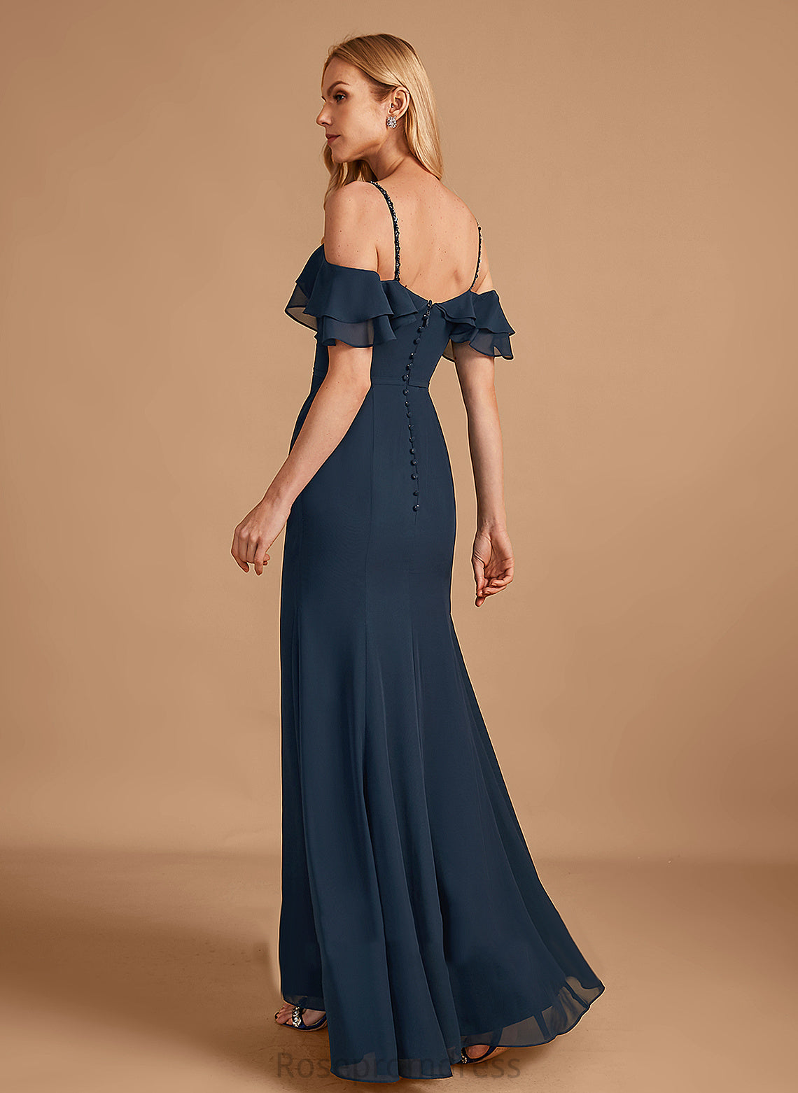 Sheath/Column Beading Off-the-Shoulder Fabric Neckline Ruffle Floor-Length Length Silhouette Embellishment Sasha A-Line/Princess Bridesmaid Dresses