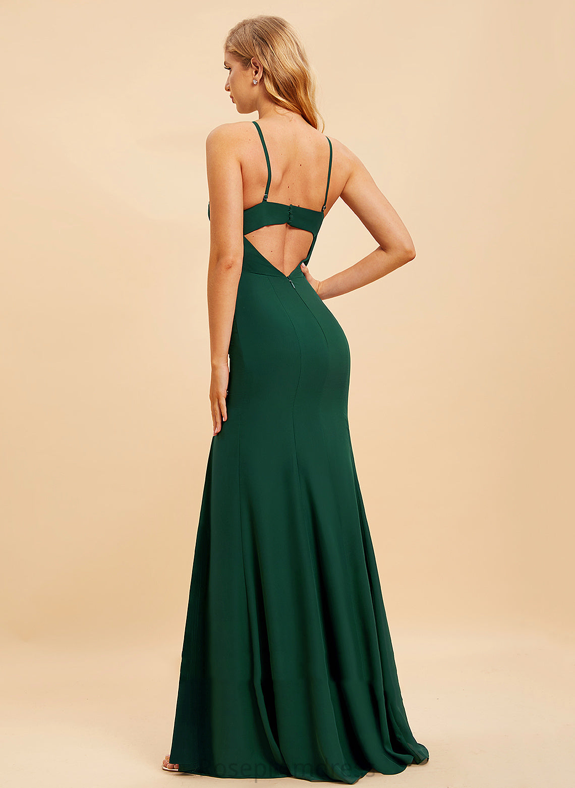 Trumpet/Mermaid Neckline Floor-Length Fabric Embellishment Length Silhouette SplitFront HighNeck Gladys Natural Waist Spaghetti Staps Bridesmaid Dresses