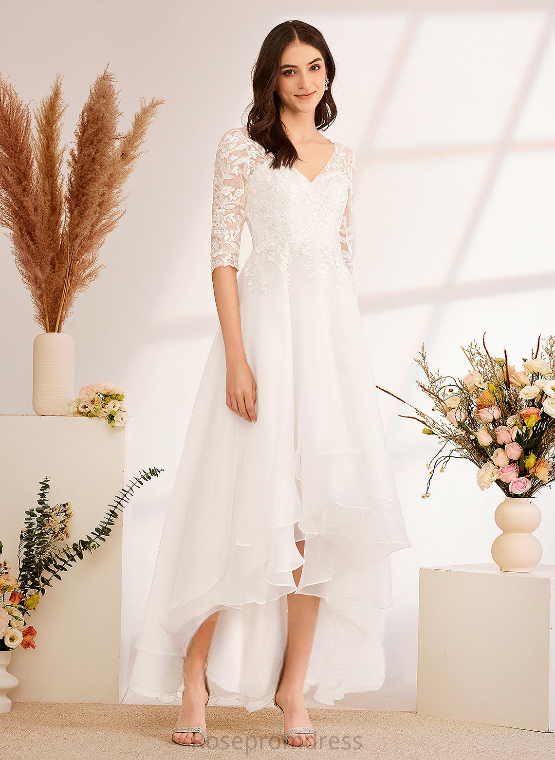 Lizeth Lace Dress Wedding Dresses Sequins Asymmetrical With Beading Tulle Wedding V-neck A-Line