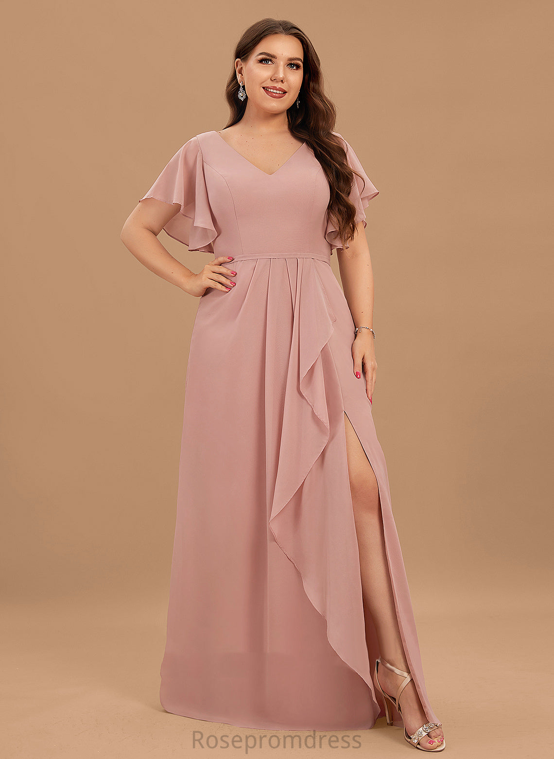 Floor-Length Ruffle Embellishment A-Line Length Silhouette Neckline SplitFront Fabric V-neck Cristal Floor Length Bridesmaid Dresses