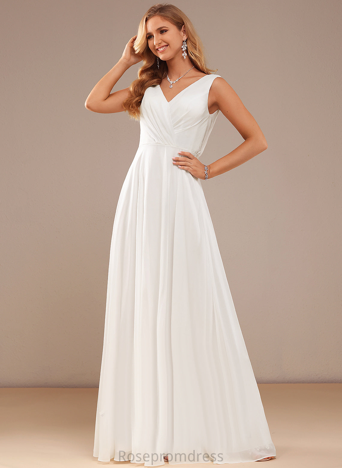 Floor-Length Wedding Dresses V-neck Wedding Kaiya Chiffon Dress A-Line Lace