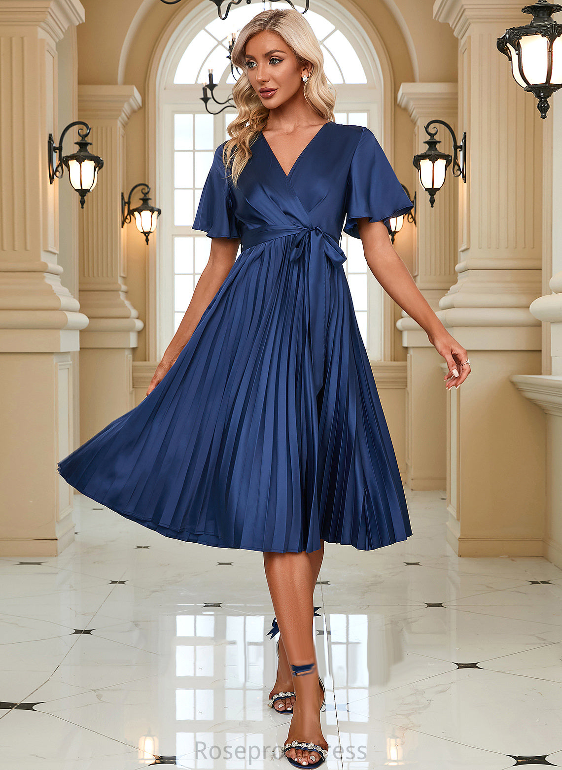 Midi Short Sleeves Satin Elegant Dresses A-line Keyla V-Neck Club Dresses