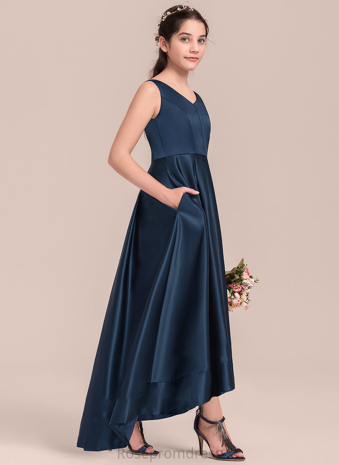 Nita Asymmetrical A-Line Satin Junior Bridesmaid Dresses V-neck