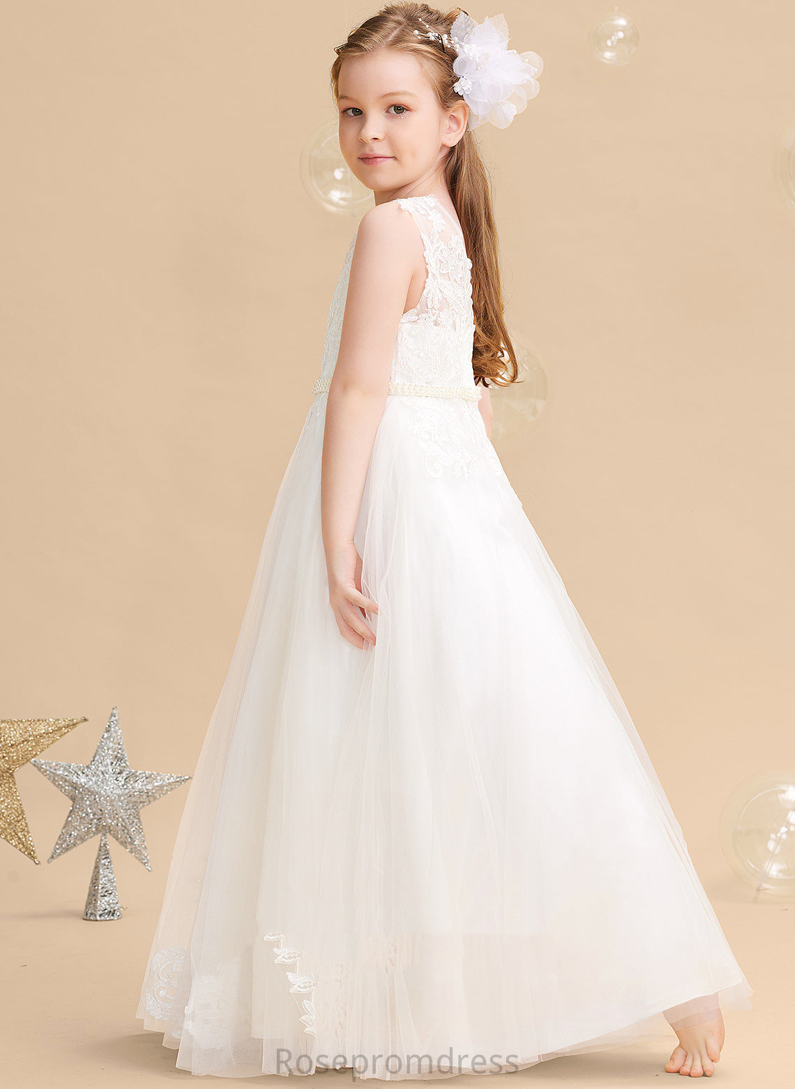 Ball-Gown/Princess Floor-length Beading Tulle/Lace Flower Girl Dresses Flower Dress Neck Scoop - With Girl Serena Sleeveless