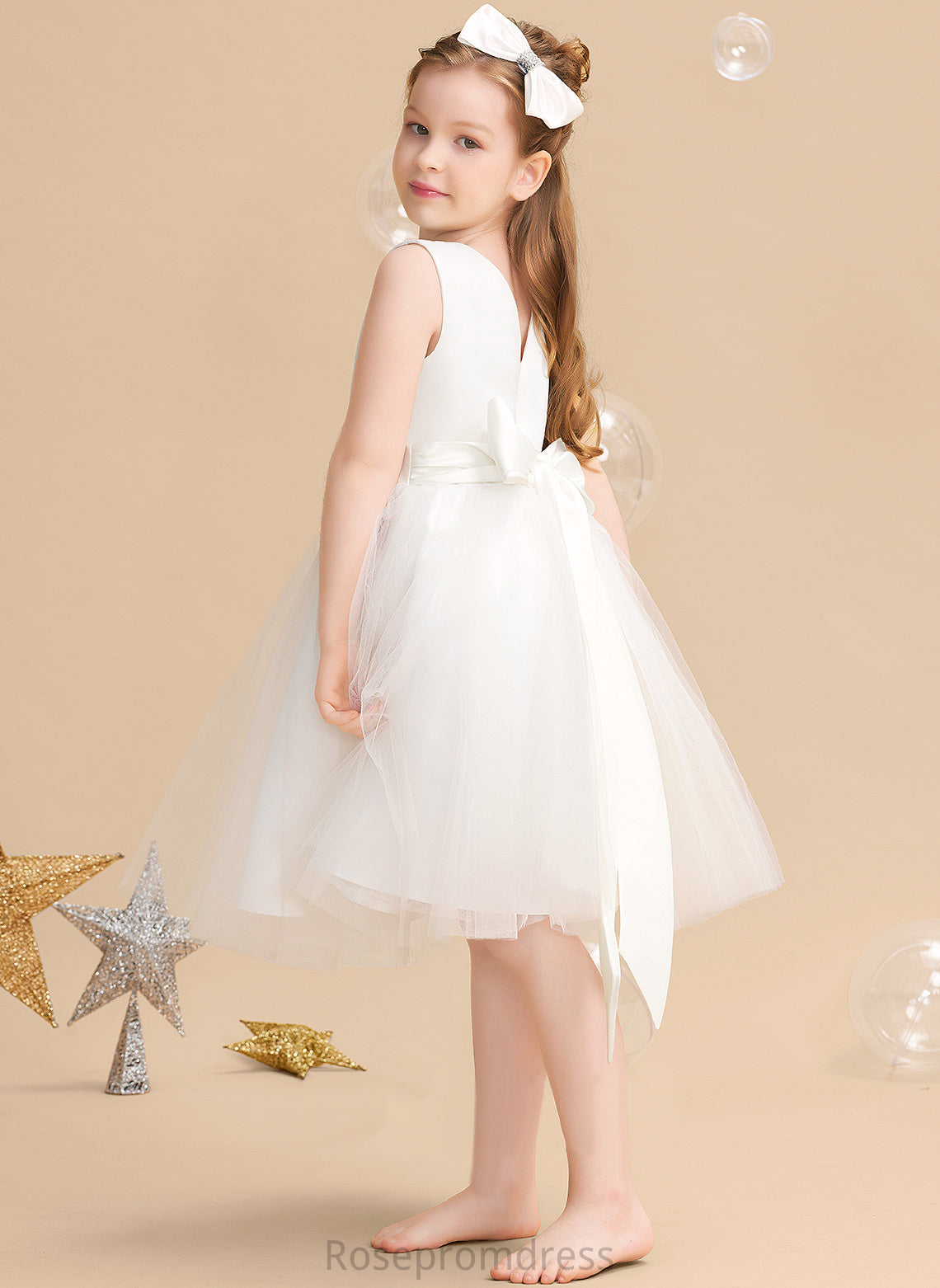 Satin/Tulle V-neck Flower Girl Flower Girl Dresses Dress - With Sleeveless Bow(s) Karlee Knee-length A-Line