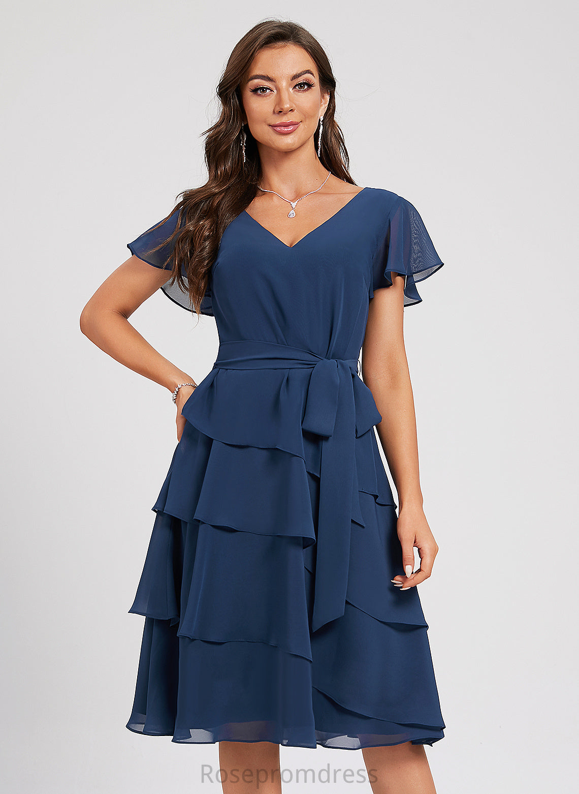 Ruffle Chiffon Dress Knee-Length Sash A-Line With V-neck Cocktail Chloe Cocktail Dresses