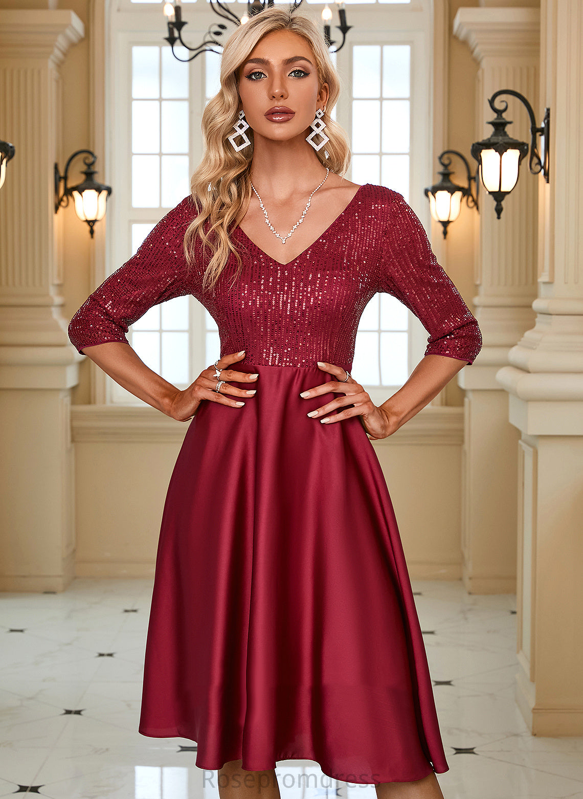 Midi Sleeves Club Dresses Satin Dresses Elegant Kate Sequins V-Neck 3/4 A-line