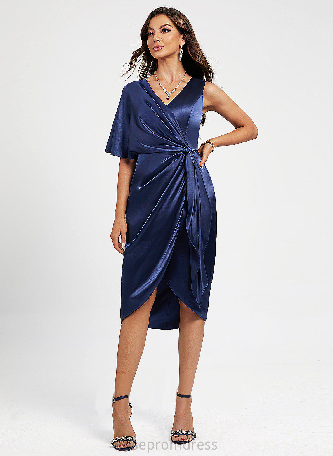 Dress Split Cocktail With V-neck Pleated Sheath/Column Asymmetrical Charmeuse Front Cocktail Dresses Harley