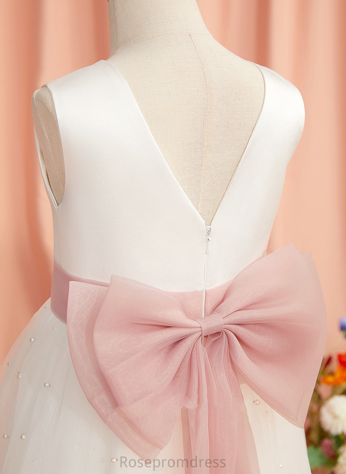 Neck Dress Tea-length With Back Scoop Girl A-Line Flower Sash/Bow(s)/V Flower Girl Dresses - Sleeveless Kaydence Satin/Tulle