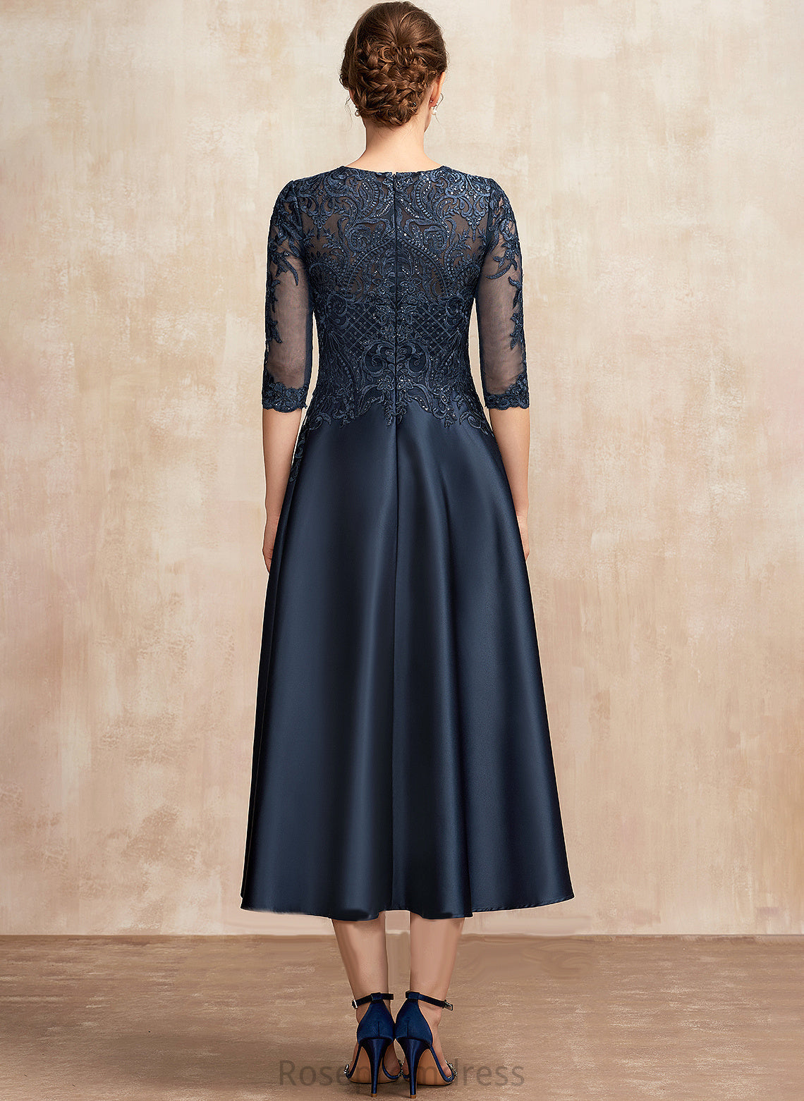 Tea-Length Mother Karina Dress Mother of the Bride Dresses With Sequins Lace Bride the A-Line of Satin Scoop Neck