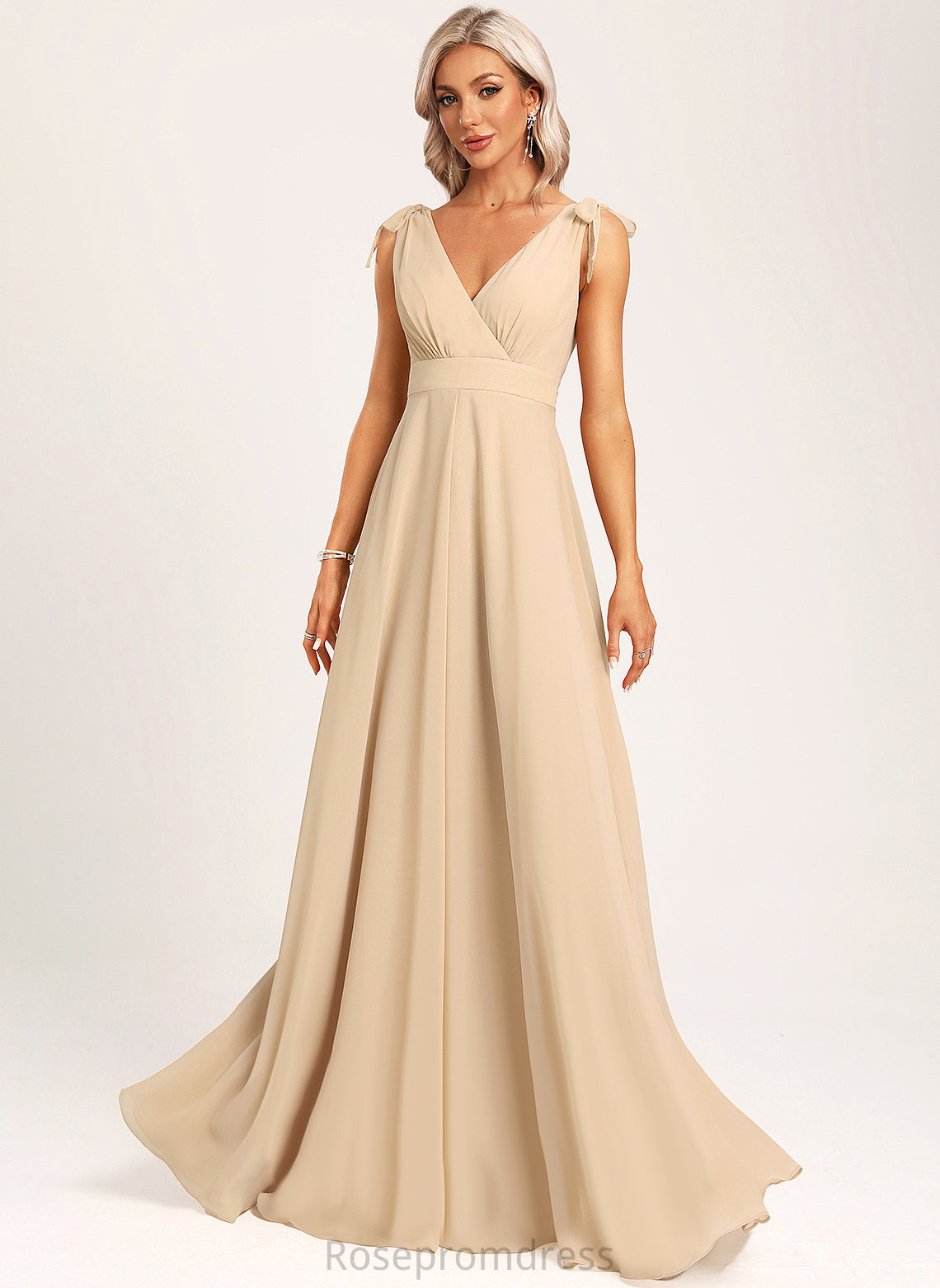 Floor-Length Neckline Fabric A-Line Length V-neck Silhouette Bow(s) Embellishment Gracelyn Sleeveless V-Neck Bridesmaid Dresses