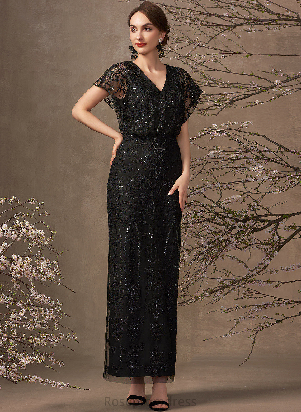 Ankle-Length Chiffon Sequins Lace With Cocktail Jean Cocktail Dresses V-neck Dress Sheath/Column