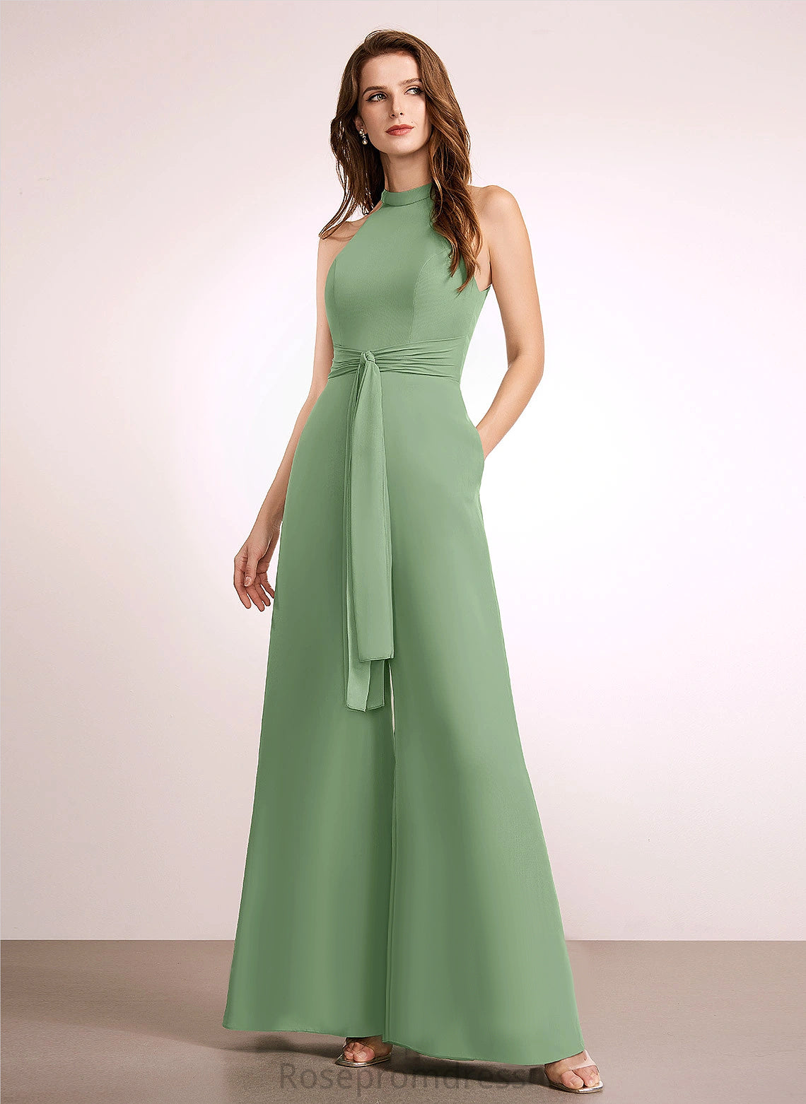 Bow Floor-Length Fabric Neckline HighNeck Straps&Sleeves Embellishment Length Ida Bridesmaid Dresses