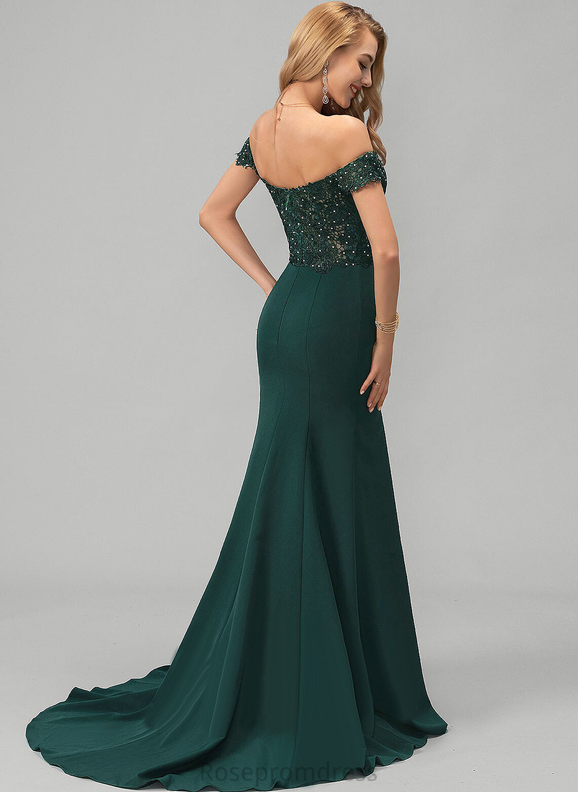 Shirley Beading Prom Dresses Trumpet/Mermaid Crepe Off-the-Shoulder Stretch With Sweep Sequins Train