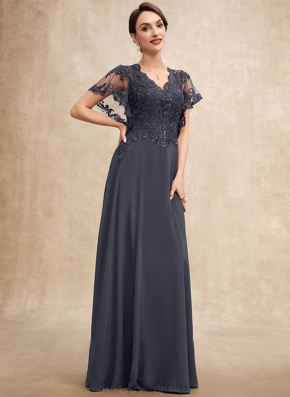 Dress Bride Sequins Lace of Chiffon the Floor-Length V-neck Mother of the Bride Dresses Mother A-Line With Madeline