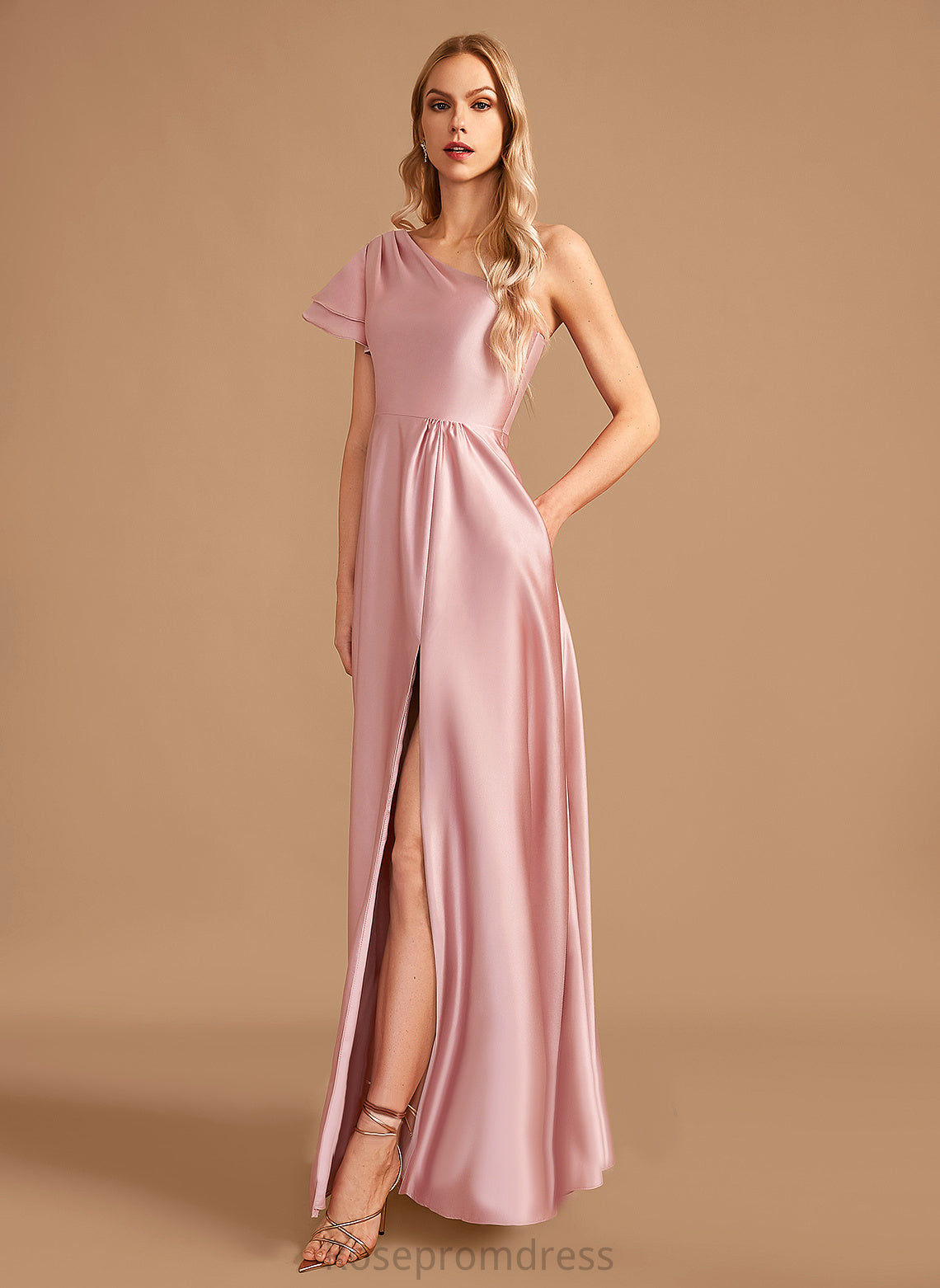 A-line Neckline Fabric Satin Floor-Length Length OneShoulder Straps&Sleeves Silhouette Millie A-Line/Princess Tea Length Bridesmaid Dresses