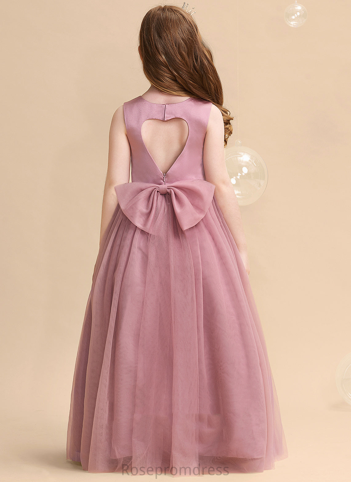 Ball-Gown/Princess Flower Bow(s)/Back Elsie Scoop Hole Girl Sleeveless Floor-length Neck Tulle Flower Girl Dresses - With Dress