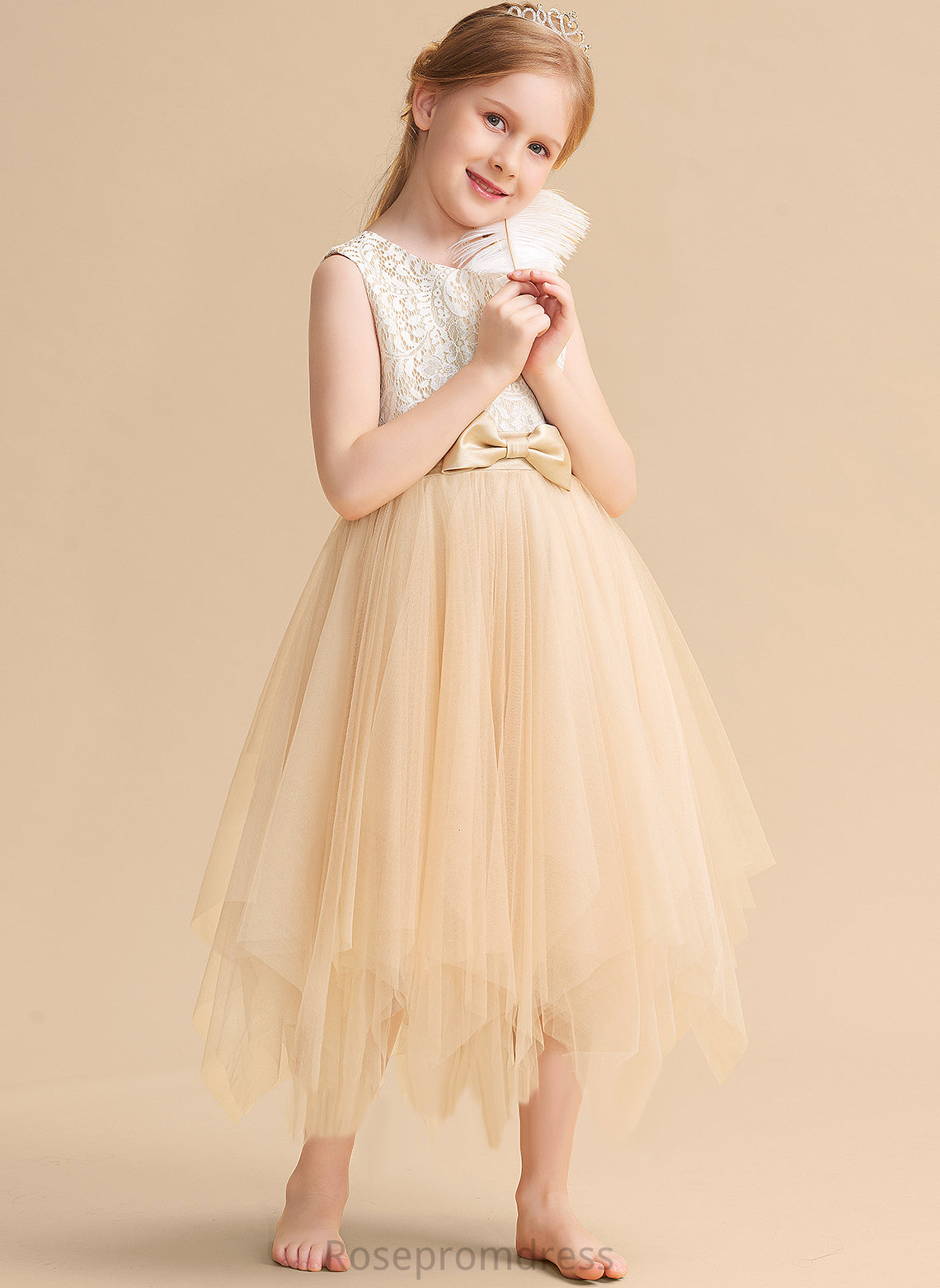 Lilia Flower Girl Dresses With Lace/Bow(s) Neck Tulle Flower Dress - Tea-length A-Line Girl Sleeveless Scalloped