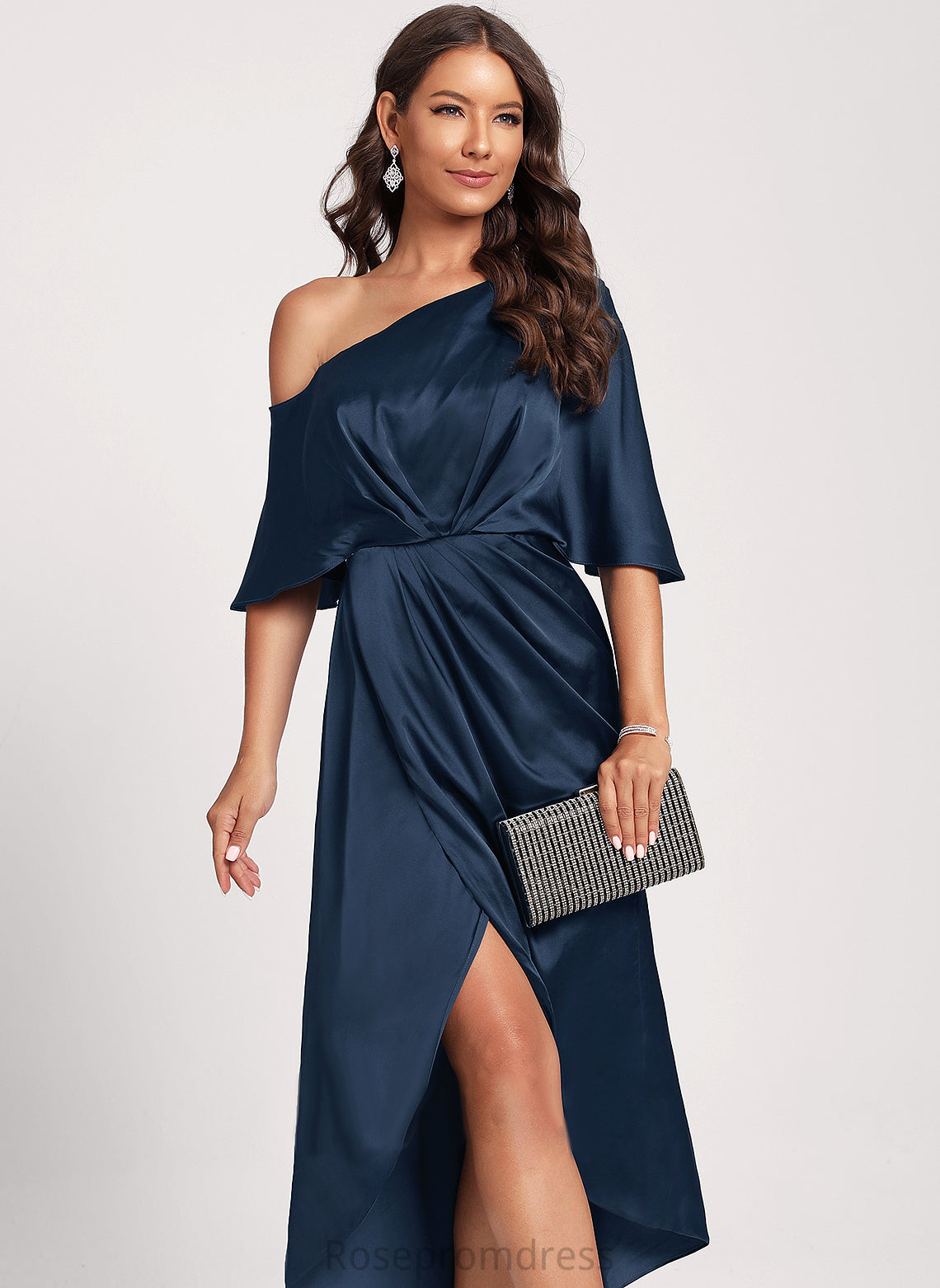 Geraldine Tea-Length Dress Satin Stretch Sheath/Column Cocktail One-Shoulder Club Dresses