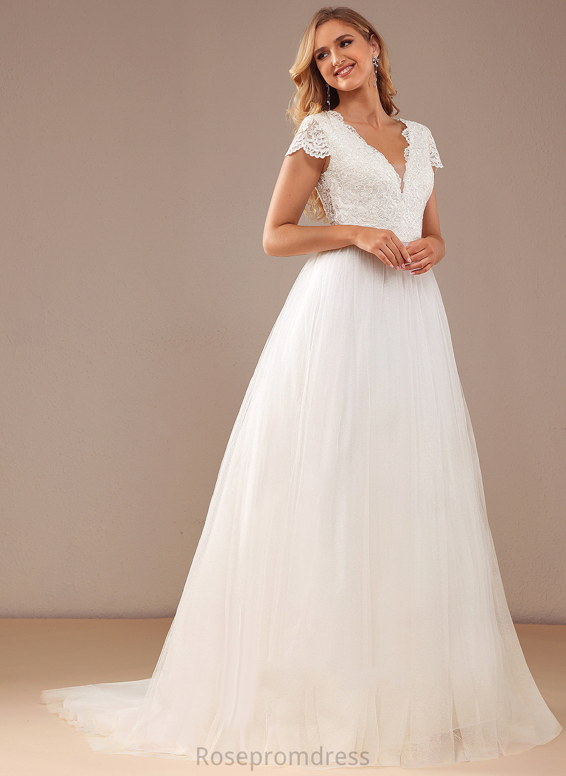 Ball-Gown/Princess Wedding Wedding Dresses Lace V-neck Myla Sequins Court Lace Tulle With Dress Train