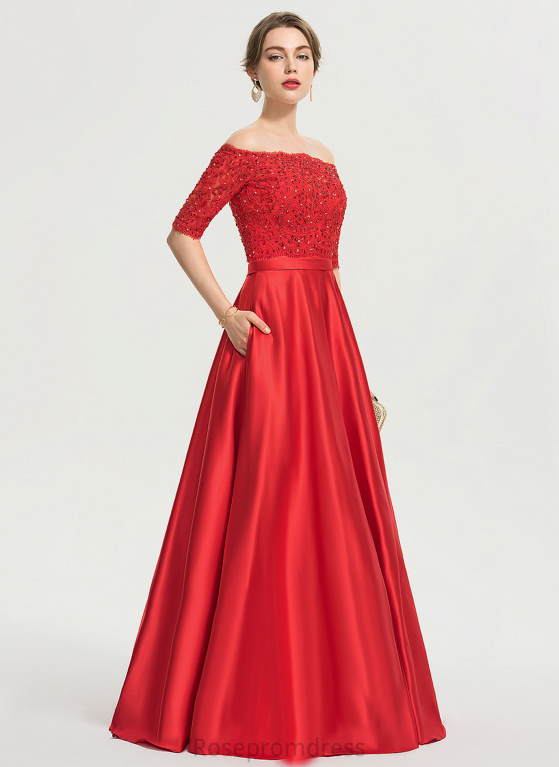 Satin Lace Sequins Prom Dresses Beading Sweetheart Floor-Length With Makaila Ball-Gown/Princess