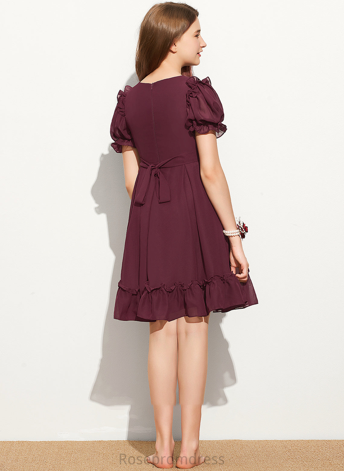 Neck With Scoop Bow(s) Cascading Ruffles Ava Knee-Length A-Line Junior Bridesmaid Dresses Chiffon