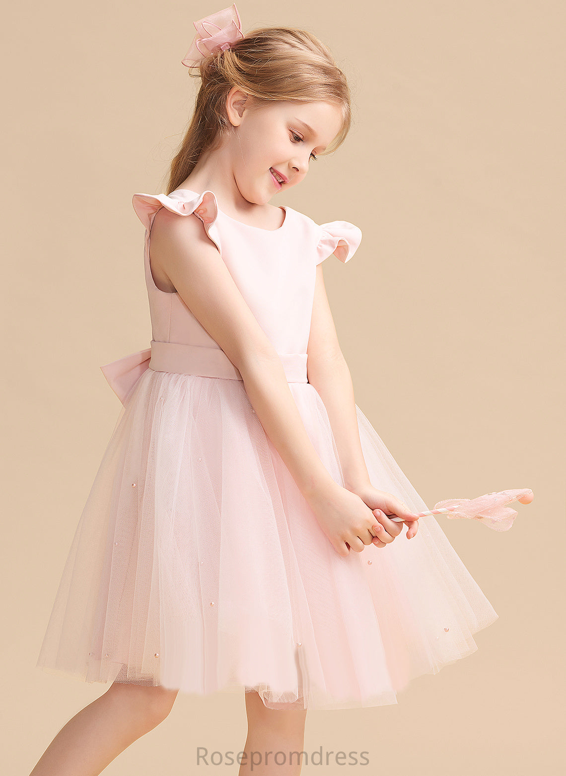 Knee-length A-Line Ruffles/Beading/Bow(s) Neck Scoop Flower Dress Girl Flower Girl Dresses Tulle Sleeveless Juliet With