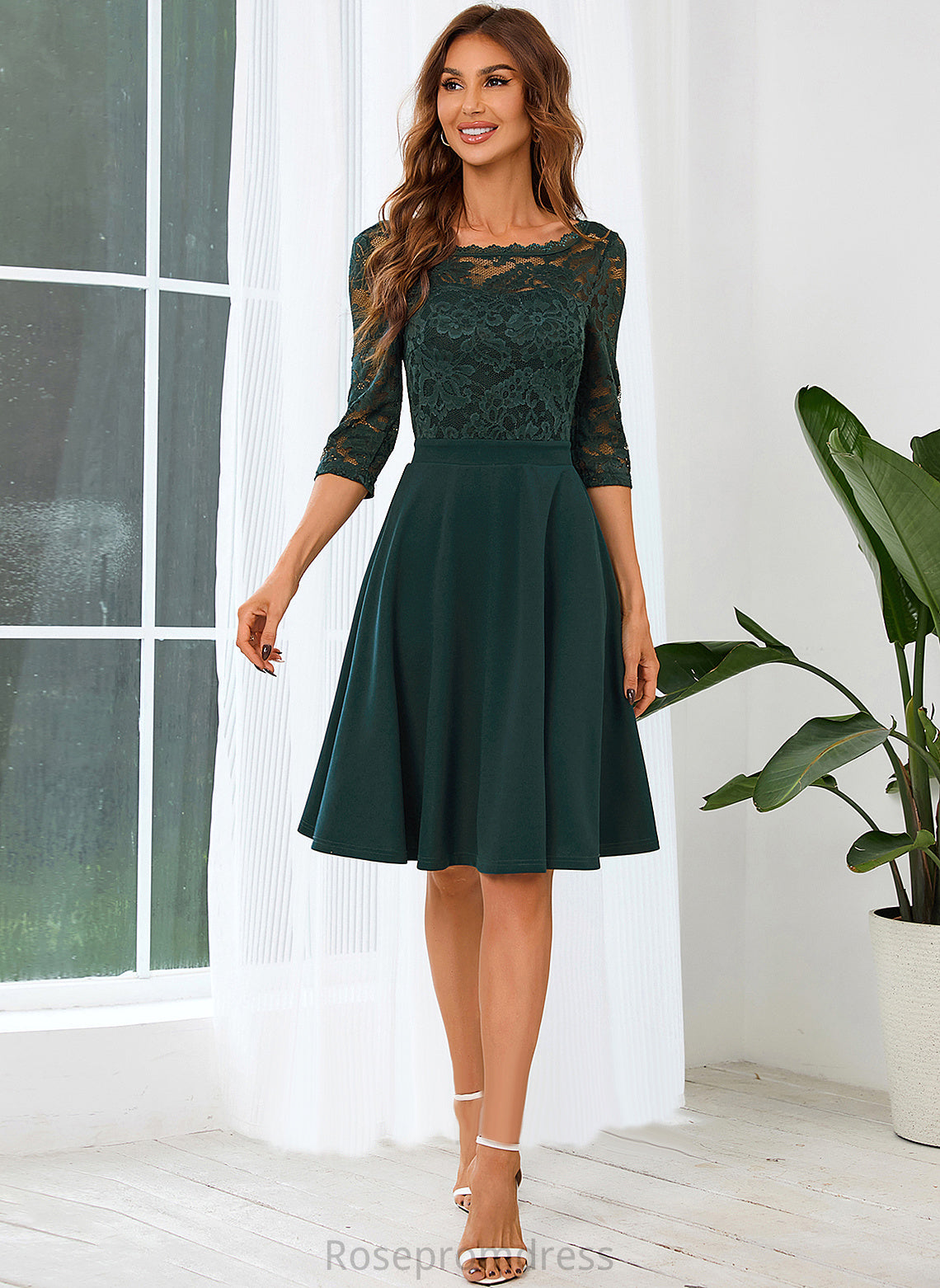 Sleeves Audrey Lace 3/4 Neck Cotton A-line Mini Club Dresses Elegant Round Blends Dresses