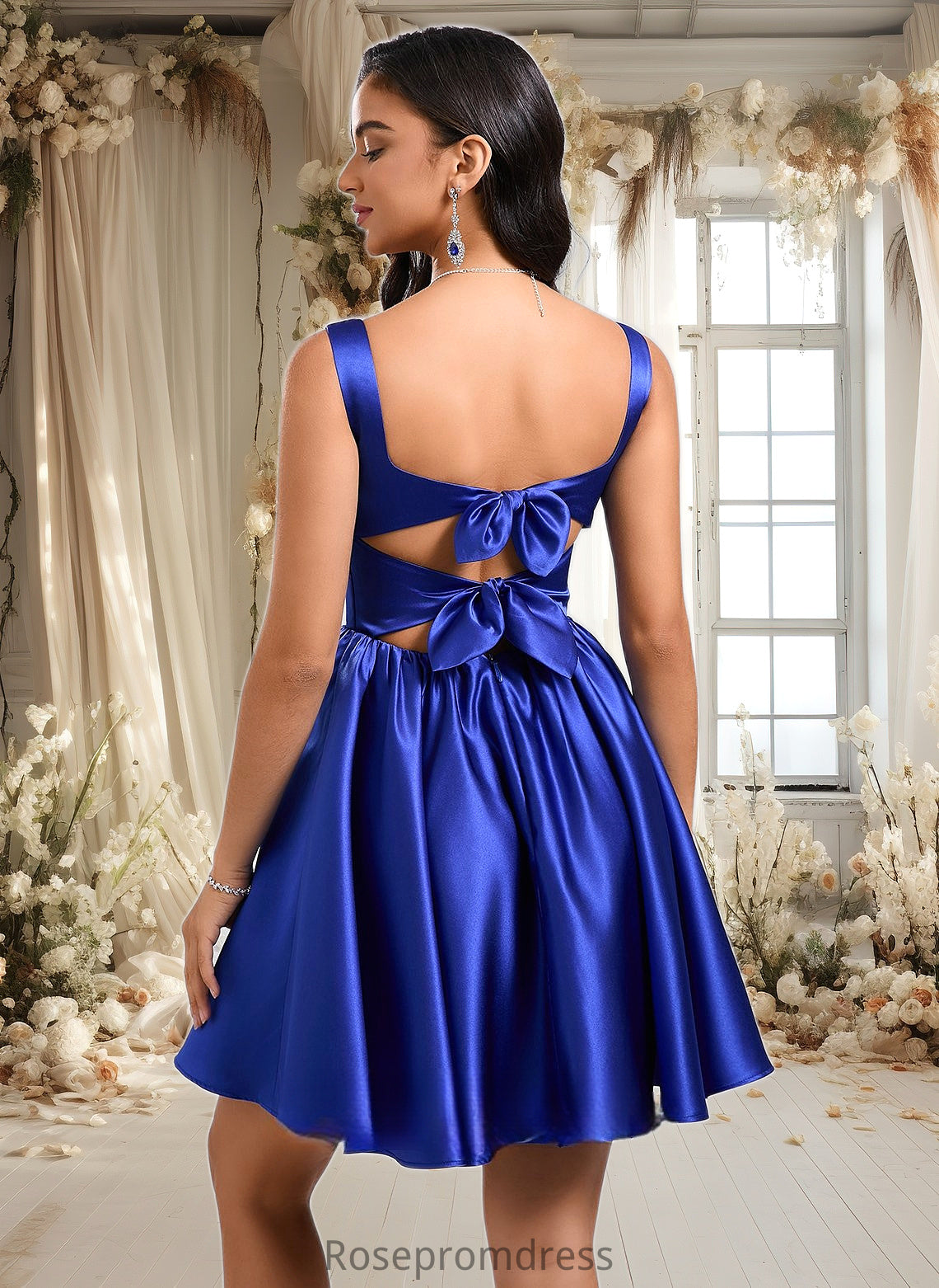 Lillie A-line Square Short Satin Homecoming Dress With Bow DSP0025672