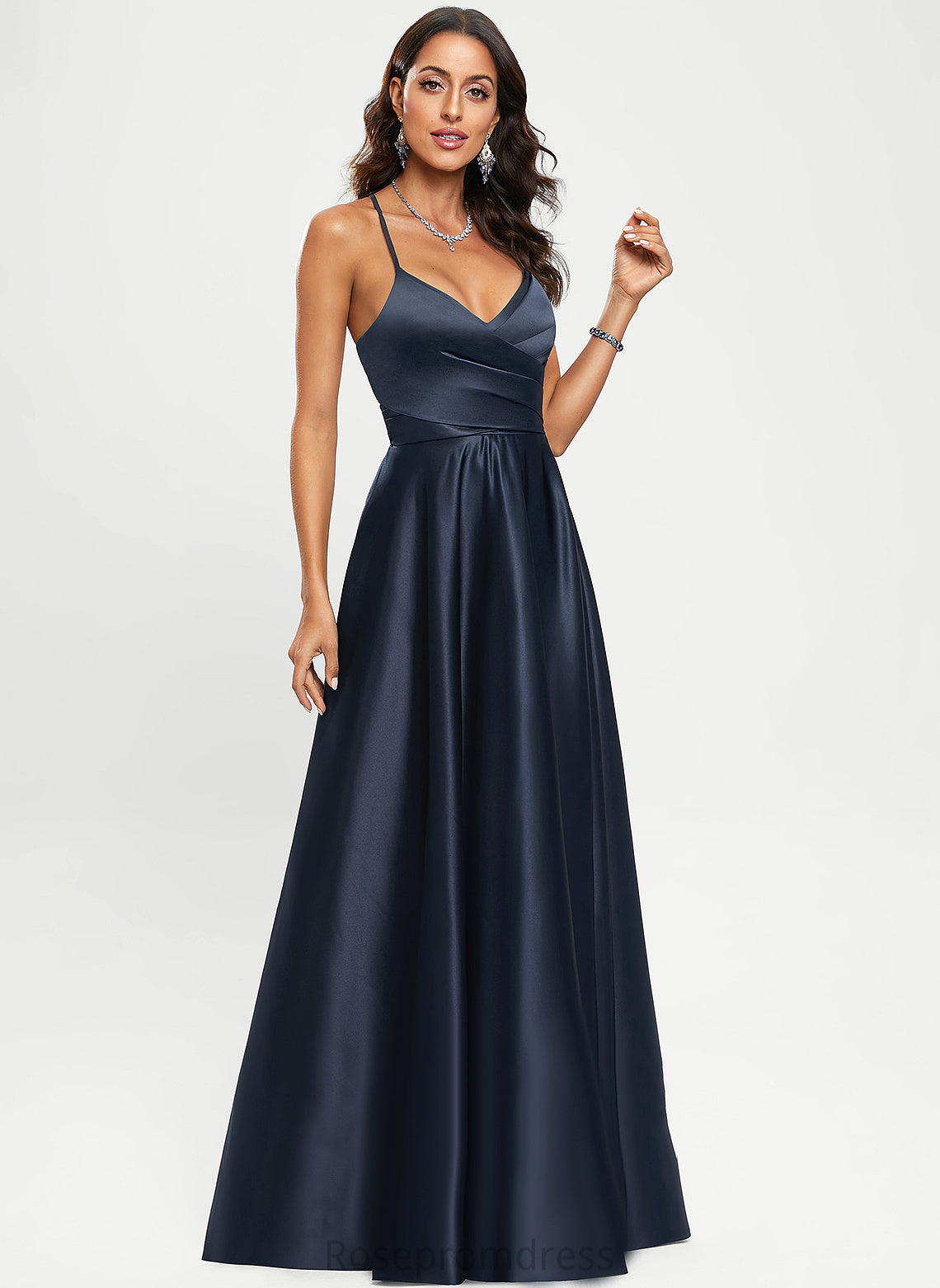 V-neck Denise A-Line Floor-Length Satin Prom Dresses