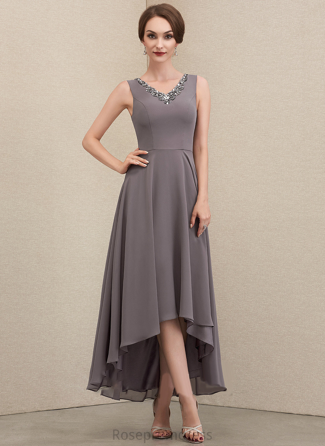 With of A-Line Mother Bride the V-neck Mother of the Bride Dresses Chiffon Dress Asymmetrical Sequins Beading Parker