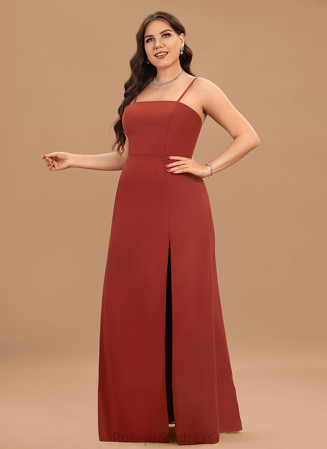 SplitFront Neckline SquareNeckline Sheath/Column Fabric Floor-Length Embellishment Length Silhouette Mckinley Spaghetti Staps Sleeveless Bridesmaid Dresses