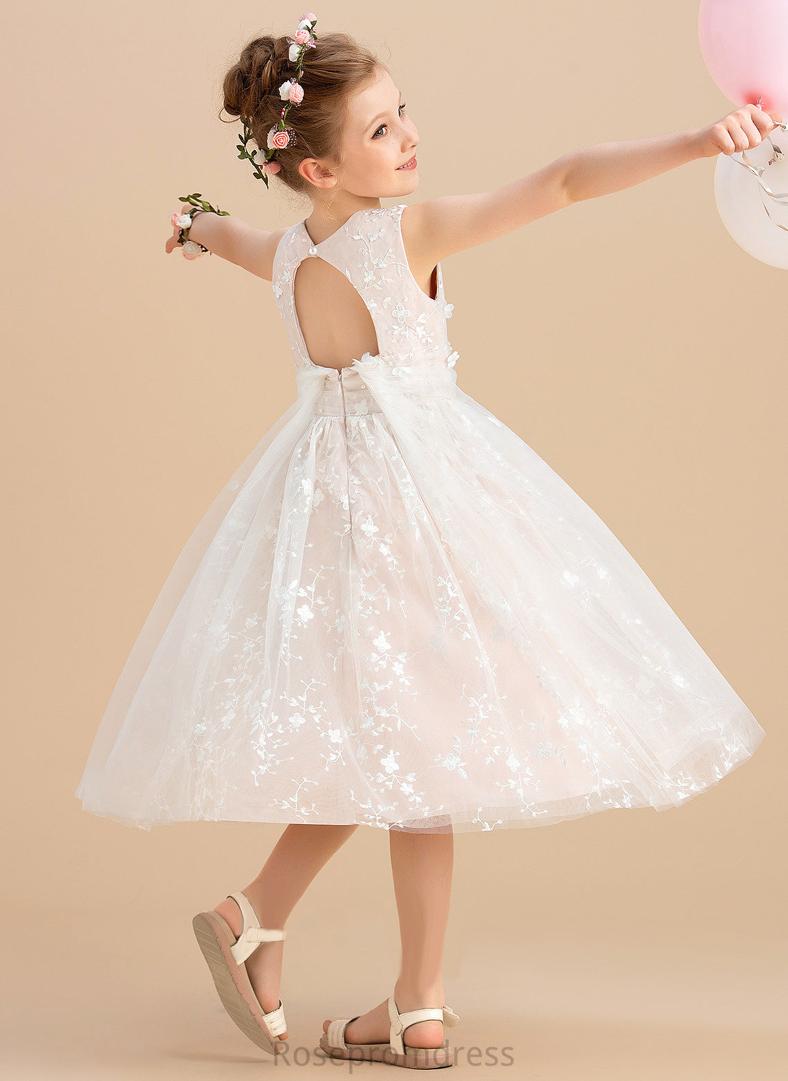 Tea-length A-Line - Girl With Neck Beading/Flower(s) Dress Sleeveless Tulle/Lace Flower Girl Dresses Alannah Scoop Flower