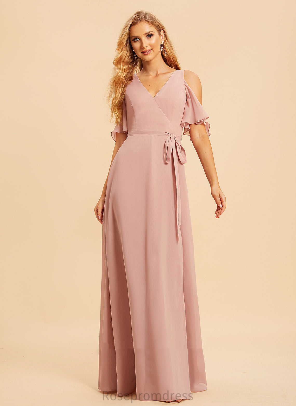 A-Line Fabric Floor-Length Neckline Embellishment SplitFront Silhouette V-neck Length Myla Straps Natural Waist Bridesmaid Dresses