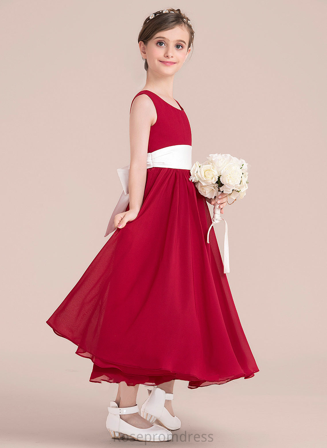 Ankle-Length Empire Junior Bridesmaid Dresses Scoop A-Line Bow(s) Sash Chiffon Neck Aurora With