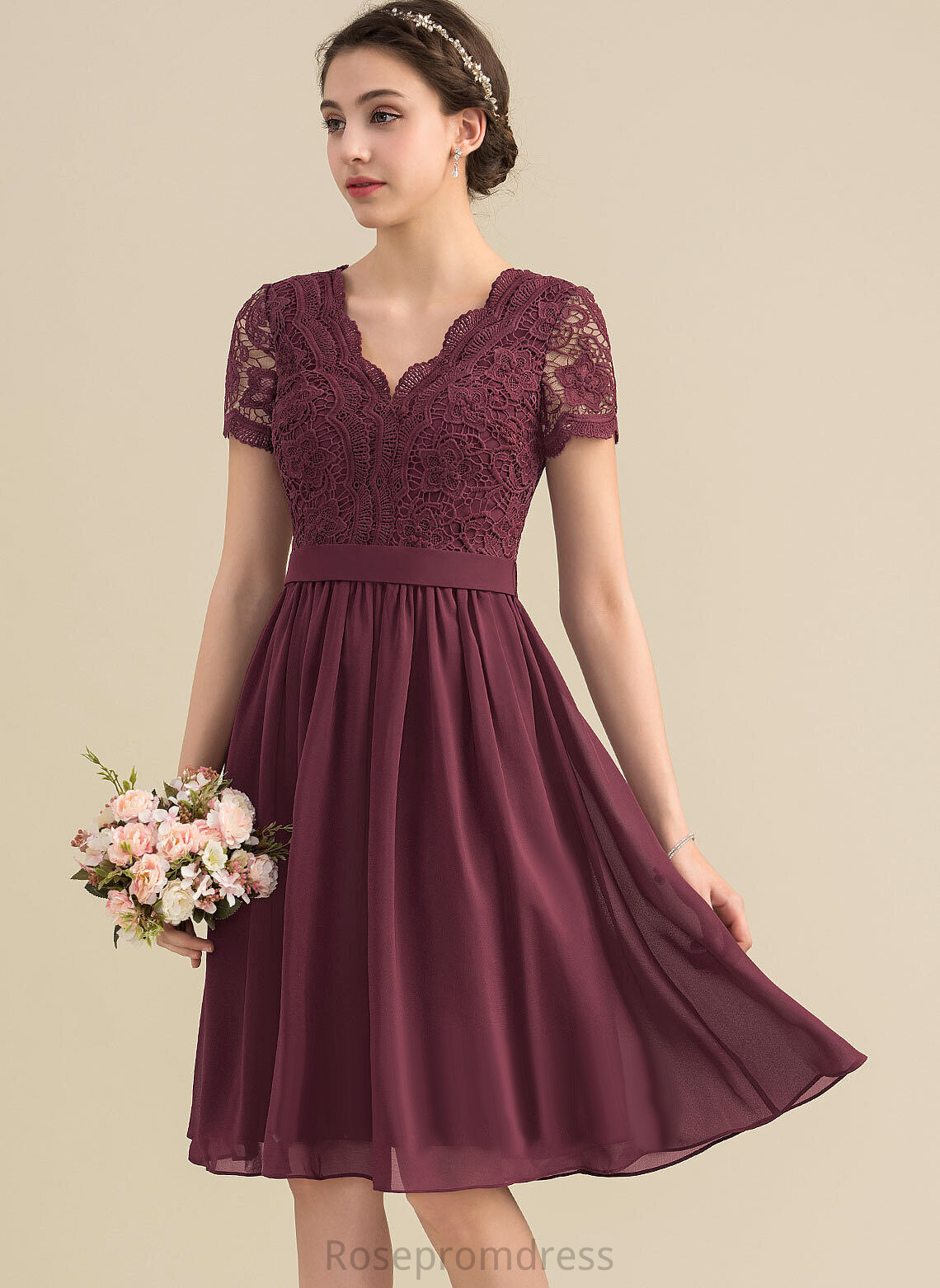 Lace Fabric Length Neckline Embellishment Silhouette V-neck Knee-Length A-Line Libby Bridesmaid Dresses